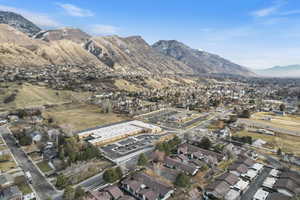 Aerial perspective of suburban area with mountains