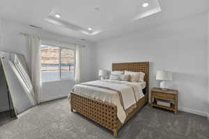 Carpeted bedroom featuring recessed lighting and a raised ceiling