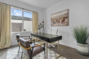 Carpeted home office with baseboards