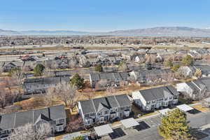 Aerial view of residential area with mountains
