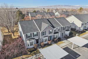 Aerial perspective of suburban area featuring mountains