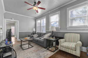 Living area with wood finished floors, a textured ceiling, ornamental molding, radiator, and a ceiling fan