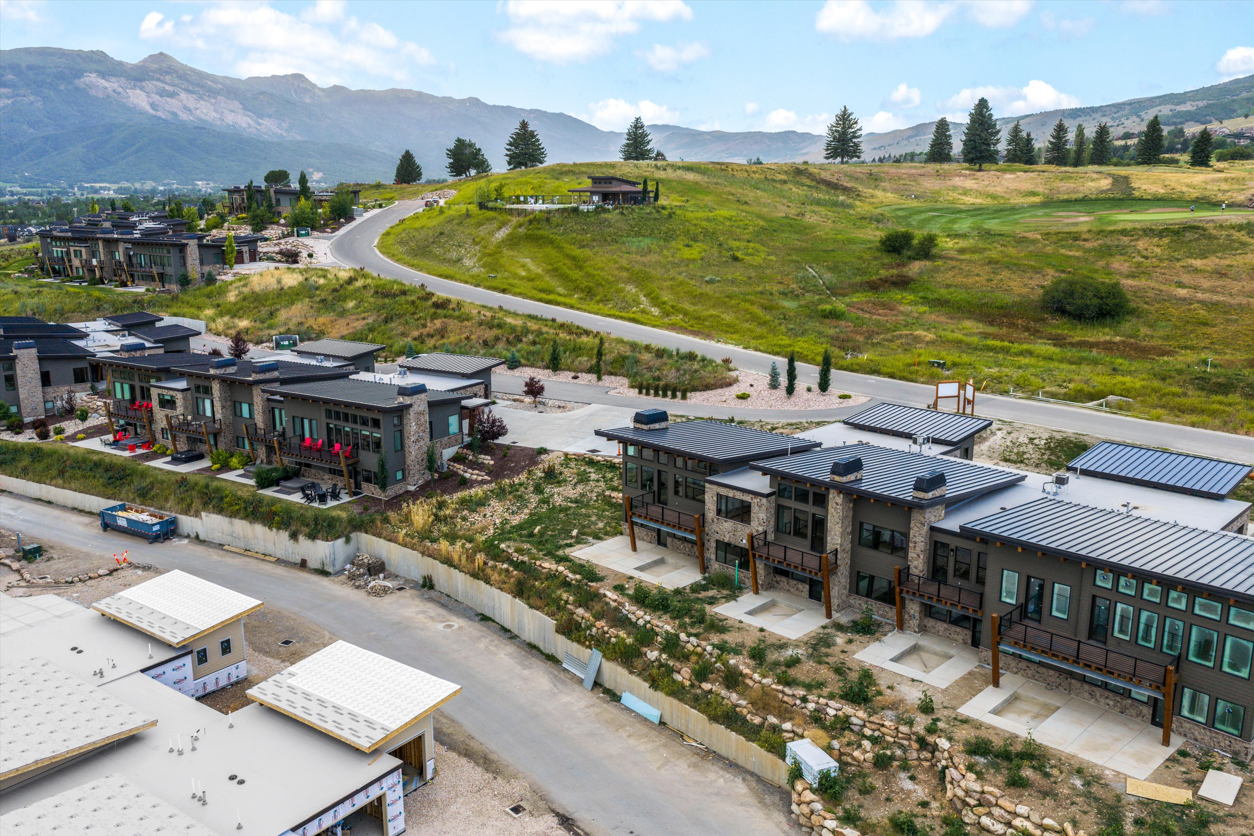 Contemporary multi-story residences featuring flat roofs and stone accents