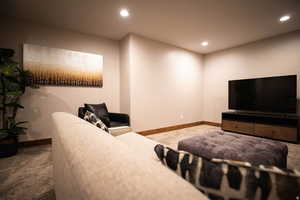 Bedroom with carpet flooring and recessed lighting