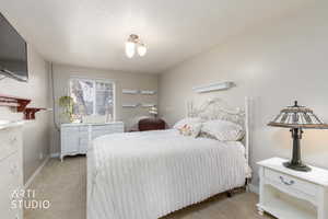 Bedroom featuring light colored carpet and baseboards