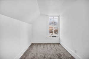 Bonus room with lofted ceiling and carpet flooring