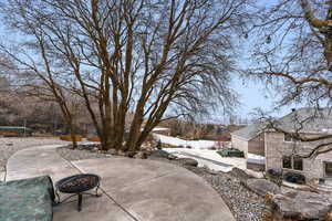Fenced backyard with a patio and a fire pit