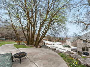 Fenced backyard with a patio area and a fire pit