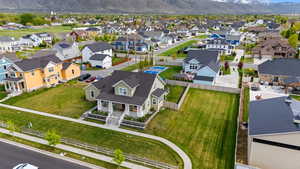 Aerial view of residential area with a mountain backdrop