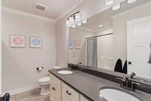 Bathroom featuring ornamental molding, a shower with shower curtain, double vanity, and wood finish floors