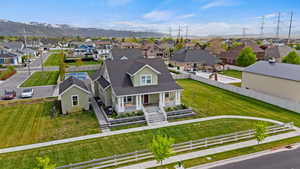 Aerial view of residential area with a mountainous background