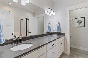 Full bathroom with double vanity, a shower stall, and wood tiled floors