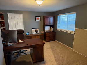 Home office featuring a textured ceiling and light colored carpet