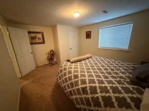 Carpeted bedroom with a textured ceiling
