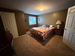 Bedroom featuring carpet floors and a textured ceiling