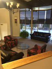 Living room featuring expansive windows, a chandelier, and carpet