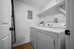 Laundry room with electric panel, washer and dryer, and a textured wall