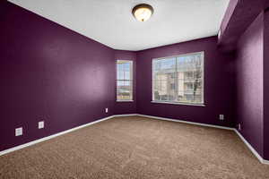 Carpeted spare room with a textured wall and a textured ceiling