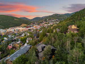 Aerial view at dusk of a mountain view