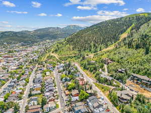 Aerial perspective of suburban area with mountains and a forest