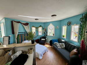 Bedroom with wood finished floors and a textured ceiling