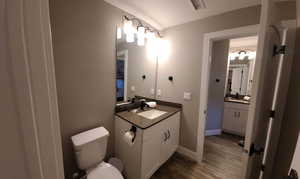 Bathroom with vanity and dark wood finished floors