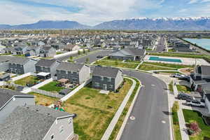 Aerial view of residential area with a mountain backdrop
