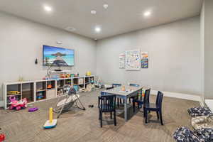 Rec room with recessed lighting and carpet floors