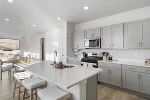 Kitchen with gray cabinetry, stainless steel appliances, a breakfast bar area, a kitchen island with sink, and light wood finished floors