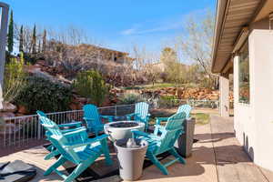 Fenced backyard featuring a patio area and a fire pit