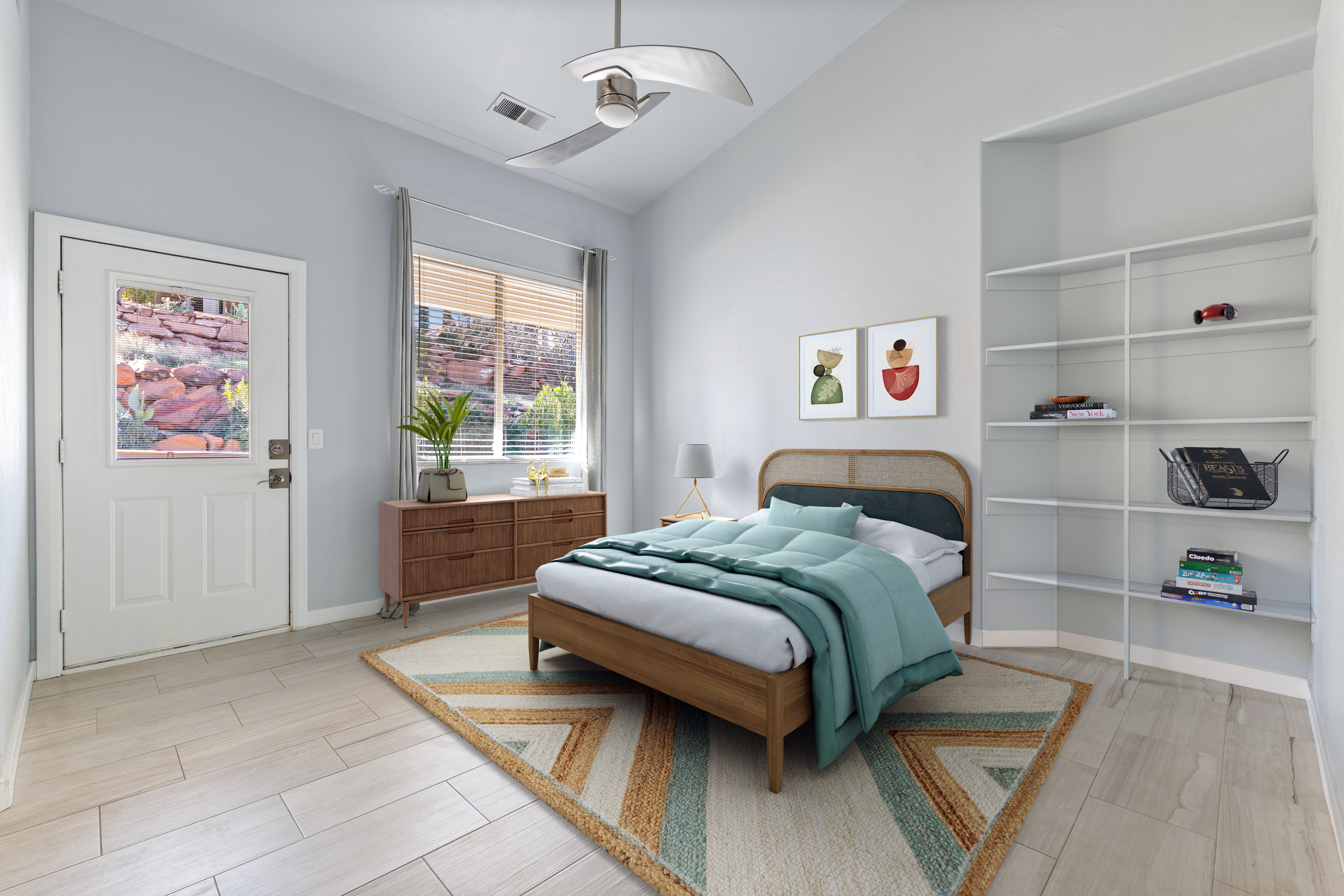 Bedroom featuring vaulted ceiling, wood tiled floors, and ceiling fan