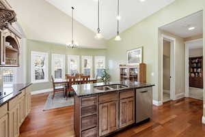 Kitchen featuring dark stone counters, hanging light fixtures, dishwasher, dark wood-type flooring, and high vaulted ceiling