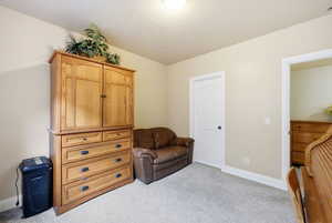 Living area with baseboards and light carpet