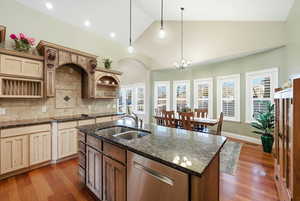 Kitchen with dark stone counters, pendant lighting, stainless steel dishwasher, a kitchen island with sink, and high vaulted ceiling