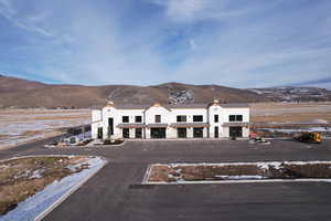 Bird's eye view of a mountainous background