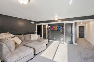 Basement living room with bedroom, bathroom, under-stair storage, and cold storage room