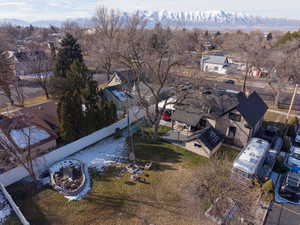 Aerial view of residential area with a mountain backdrop