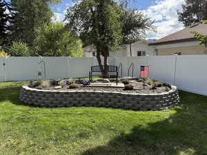 Fenced backyard with a patio area