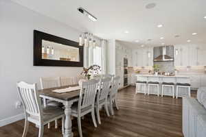 Dining area with dark wood-style flooring and recessed lighting
