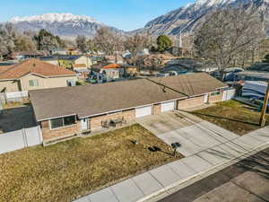 Aerial view of residential area with mountains