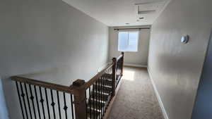 Stairway with attic access and carpet flooring