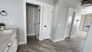 Bathroom with vanity and light wood-style flooring