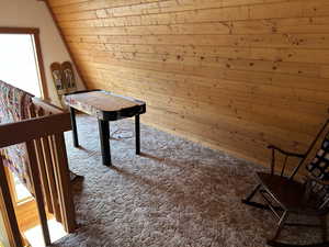Game room with a vaulted wood ceiling, carpet floors, healthy amount of natural light, and wooden walls