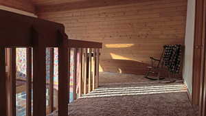 Interior space with wood walls, carpet flooring, and wooden ceiling