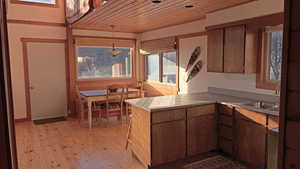 Kitchen with pendant lighting, wooden ceiling, a peninsula, light wood-type flooring, and light countertops