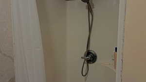 Bathroom view of a shower with curtain