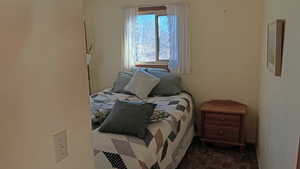 Bedroom featuring dark carpet