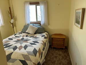 Bedroom with dark carpet and baseboards
