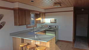 Kitchen featuring wooden ceiling, a breakfast bar, a peninsula, electric range oven, and light wood-style flooring