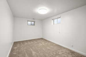 Basement with carpet and a textured ceiling
